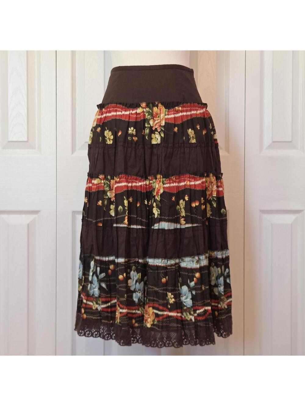 Tropical Floral Ruffle Tiered Midi Skirt XXS/XS Y2K Coconut Girl Hawaiian Beach